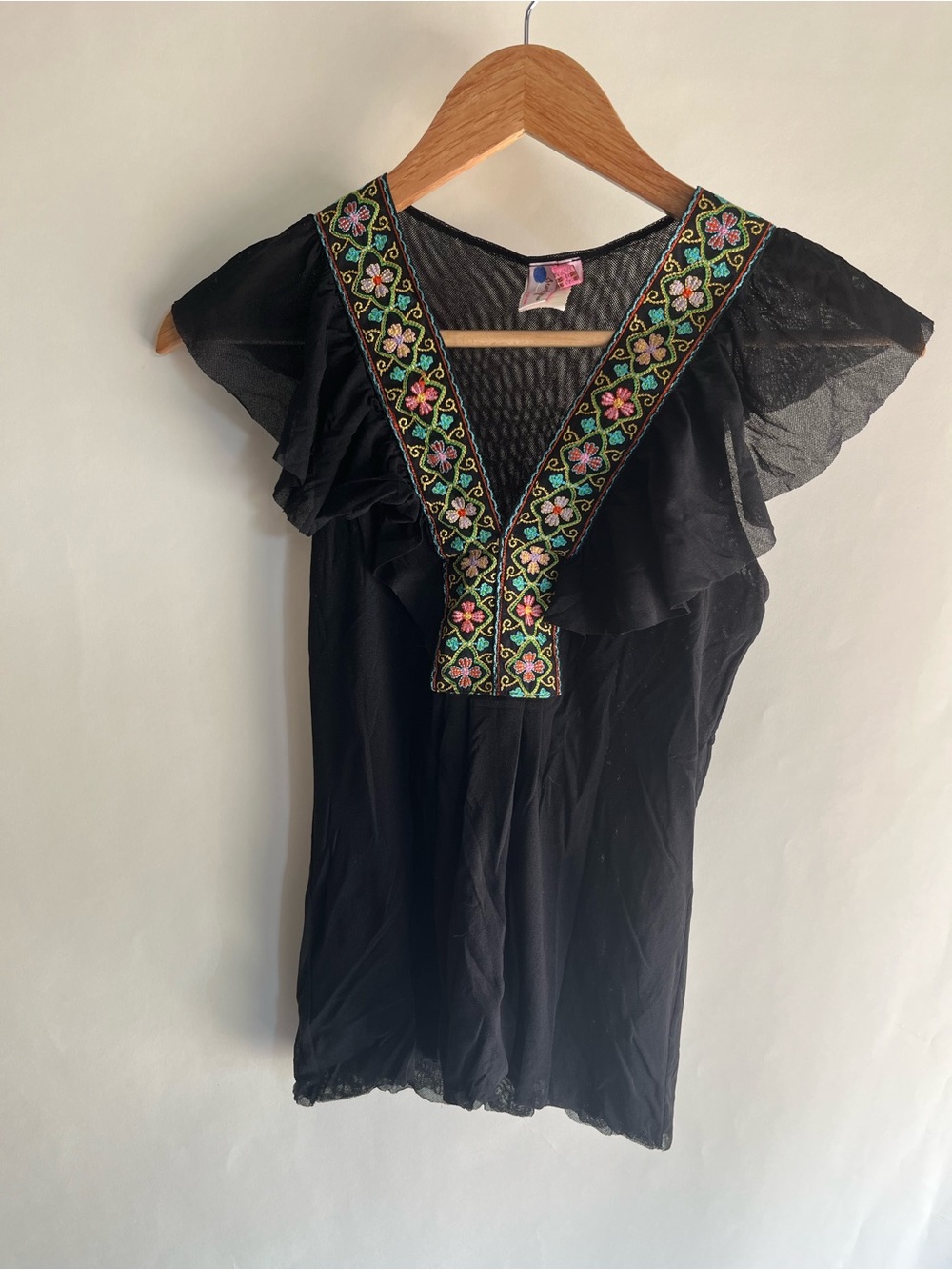 Sweet Pea Stacy Frati Blouse Sz Sm Women’s Embroidered Mesh Black Colorful EUC